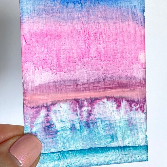 ACEO Original Art Watercolor and Watersoluble Wax Pastel ATC on Yupo Pink Blue - Picture 2 of 3
